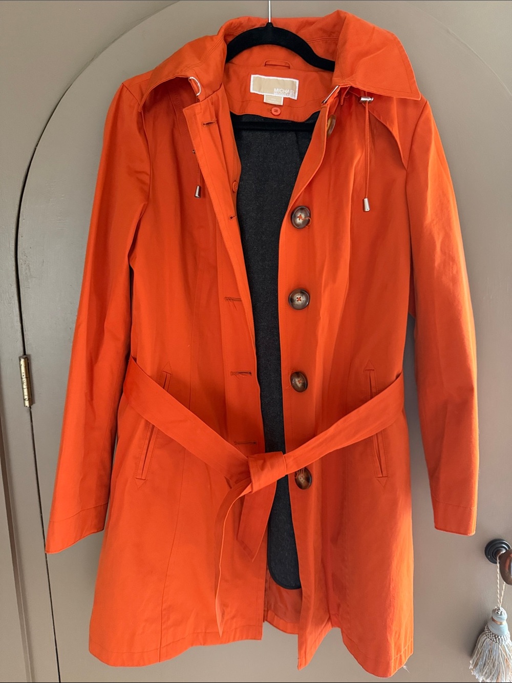 Michael Kors Bright Orange Hooded Trench Coat with Belt